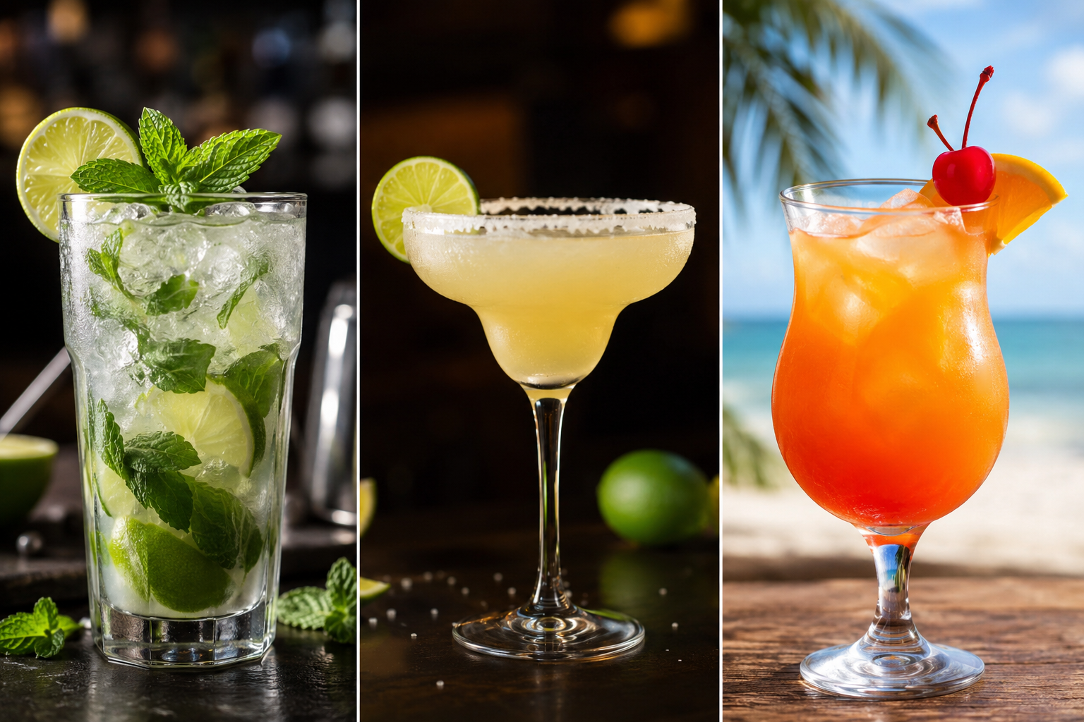 Trio de cocktails signature : mojito, margarita, sunset tropical
